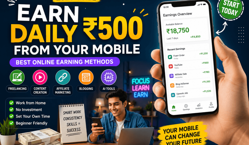 Mobile Se Daily ₹500 Kaise Kamaye – Best Online Earning Methods for Beginners in 2026 Mobile Se Daily ₹500 Kaise Kamaye