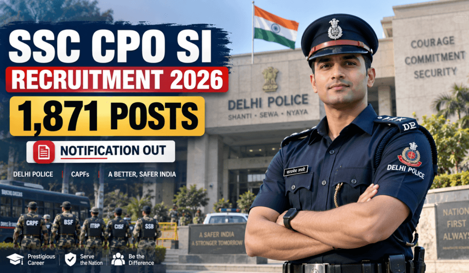SSC CPO SI Recruitment 2026: 1,871 पदों पर भर्ती का Notification जारी, Apply Online शुरू SSC CPO SI Recruitment 2026 – 1,871 Sub Inspector Vacancy