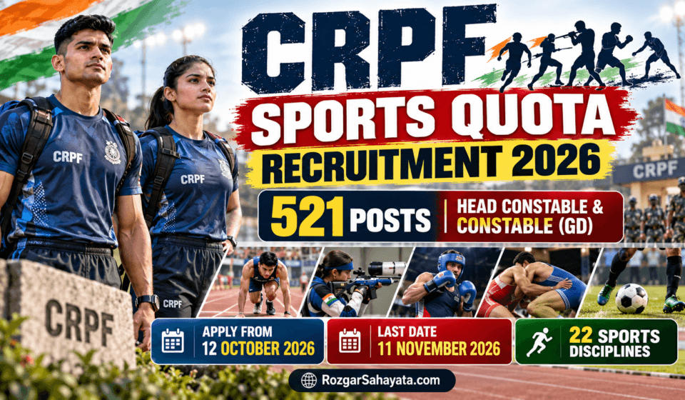 CRPF Sports Quota Recruitment 2026: 521 पदों पर भर्ती, Head Constable और Constable के लिए ऑनलाइन आवेदन 12 अक्टूबर से CRPF SPORTS QUOTA RECRUITMENT 2026 521 POSTS