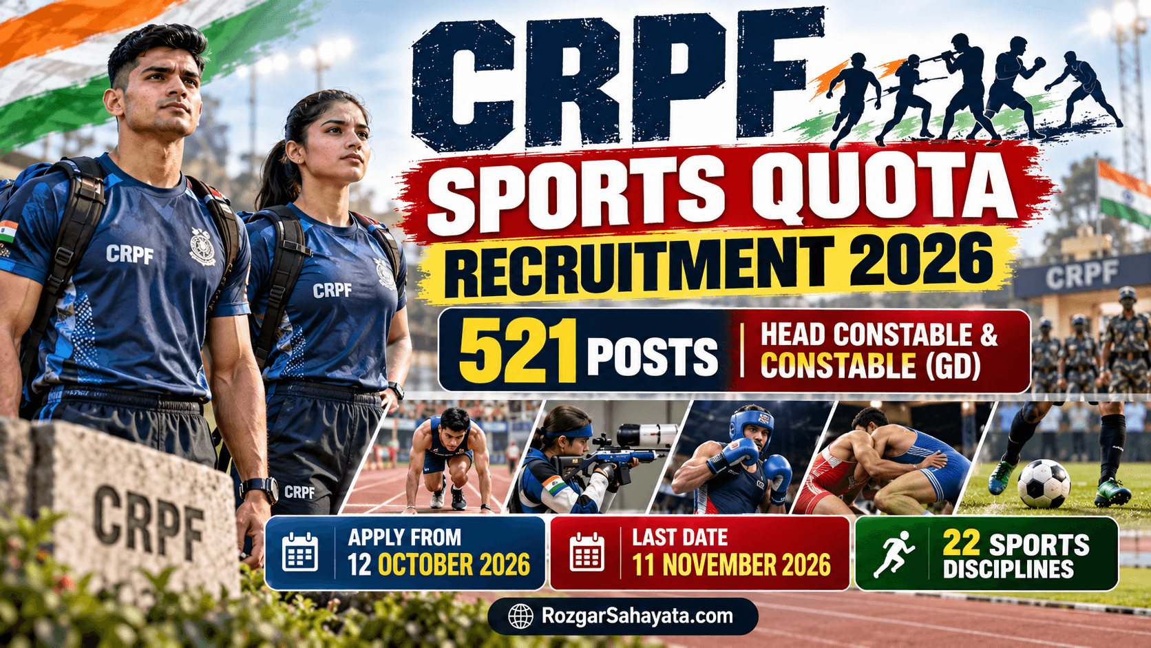 CRPF Sports Quota Recruitment 2026: 521 पदों पर भर्ती, Head Constable और Constable के लिए ऑनलाइन आवेदन 12 अक्टूबर से
