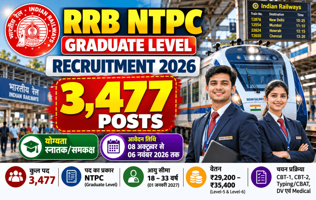 RRB NTPC Graduate Recruitment 2026: 3,477 Posts, Apply Online