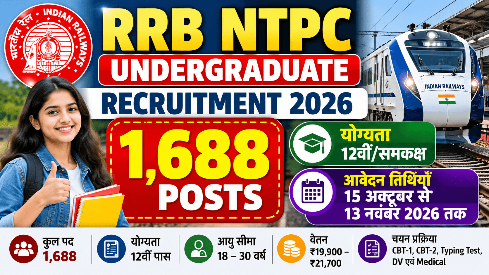 RRB NTPC Undergraduate Recruitment 2026: 12वीं पास के लिए रेलवे में 1,688 पदों पर भर्ती, 15 अक्टूबर से आवेदन शुरू